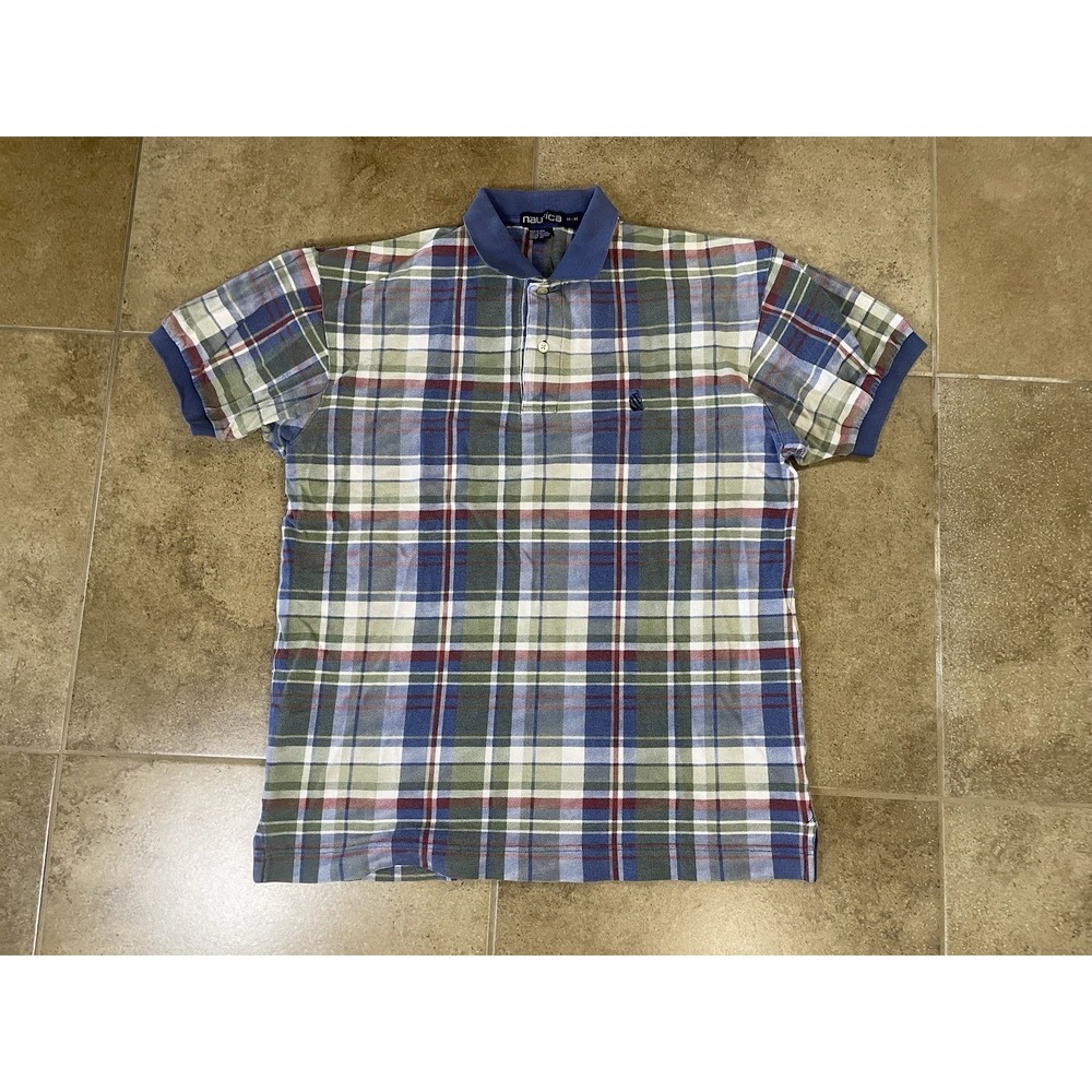 Vintage Nautica Plaid Polo Shirt Mens Sz M Medium 100% Cotton Sailboat 90s Y2k